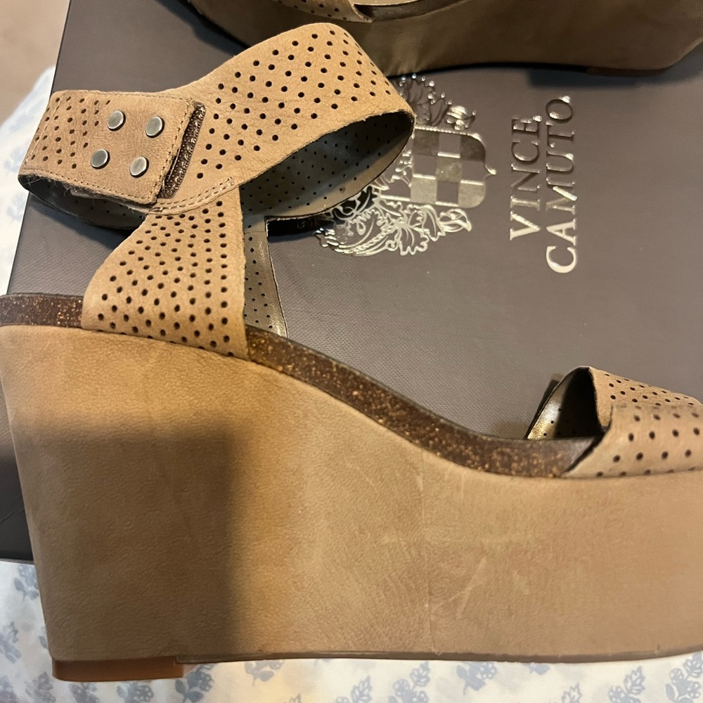 Vince Camuto Perforated Tan Wedge Sandals